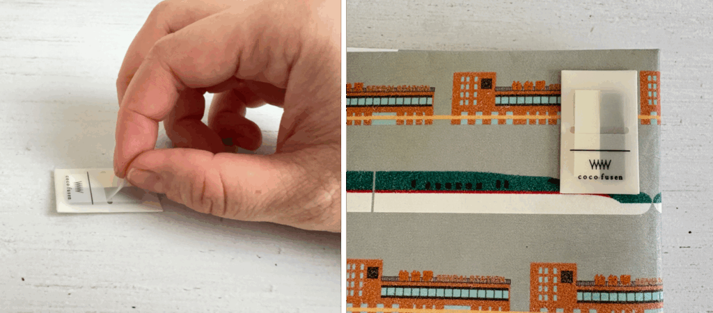 左：ココフセンミニをケースから取り出している様子。右：ココフセンミニをブックカバーにつけた様子。